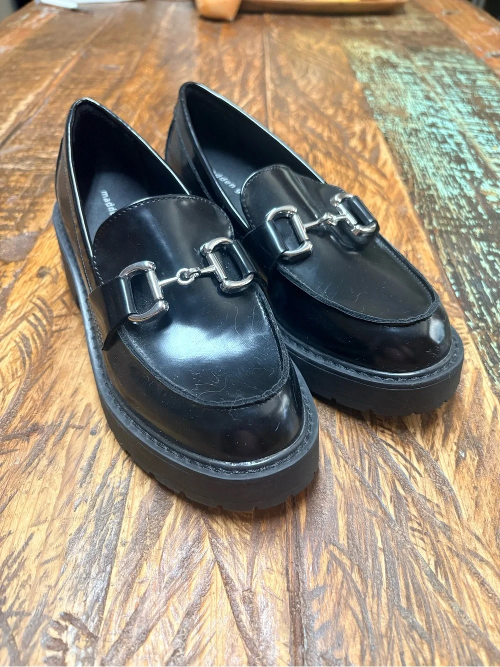 Madden Girl Carter Black Chunky Loafers Platforms with Silver Bit Detail Size 8